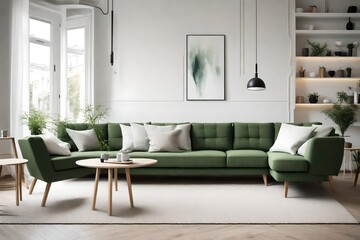 green and white corner sofa near fireplace. Scandinavian home interior design of modern living room,looks as HD camera  