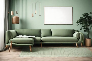 one knitted poufs near dark light green corner sofa copy space. Scandinavian home interior design of modern living room  