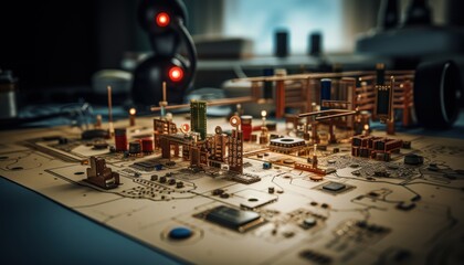 Close Up of Circuit Board With Red Light, Technology, Electronics, Components