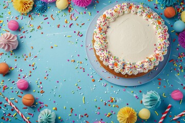 Cake with white cream and nice background. Top view.