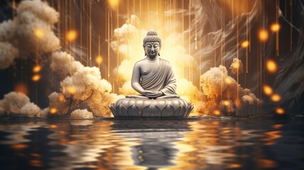 Lord buddha sitting water in flowers photography image Ai generated art - obrazy, fototapety, plakaty