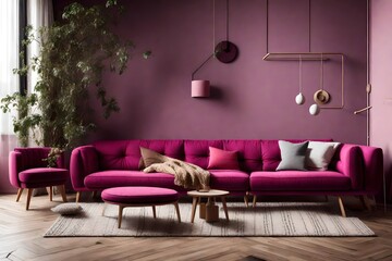 Two knitted poufs near light dark Magenta corner sofa. Scandinavian home interior design of modern living room  