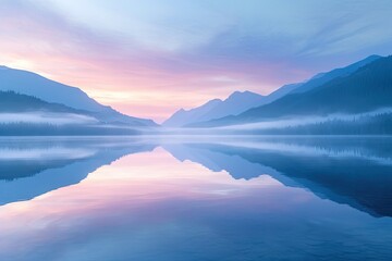 As the sun rises, the tranquil lake reflects the majestic mountains in the distance, enveloped in a serene mist and illuminated by the vibrant colors of the dawn sky