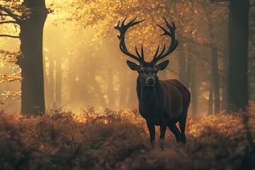 A majestic stag stands among the misty autumn trees, its antlers reaching towards the foggy sky in a serene display of wildlife in nature