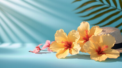 Minimalist floral summer concept with flowers and a palm tree on blank green blue background