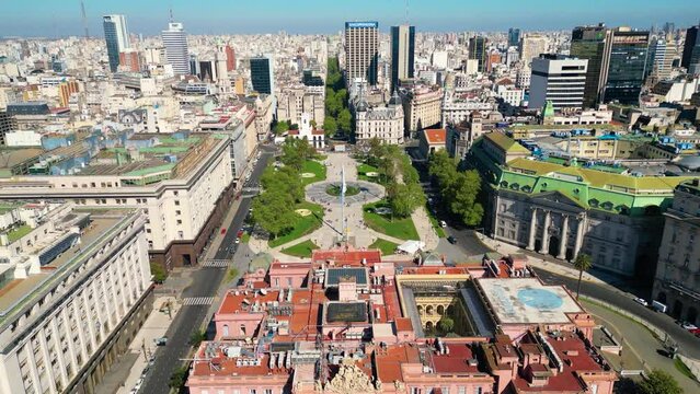 Casa Rosada government office at Plaza Mayo Buenos Aires, Argentina. Aerial landscape of tourism landmark downtown city. Tourism landmark. Outdoor downtown city of Buenos Aires. Travel destination
