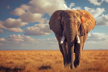 Fototapeta na wymiar A majestic african elephant stands tall in the savanna, its tusk gleaming in the sunlight as it walks through a field of lush green grass, the vast sky and clouds serving as a stunning backdrop to th