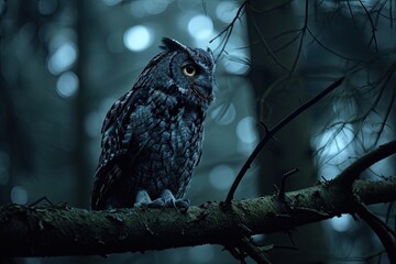 A majestic screech owl perches gracefully on a tree branch, its piercing gaze capturing the serene beauty of nature