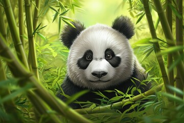 A majestic giant panda navigates through a lush bamboo forest, its furry snout blending in with the surrounding plants as it roams freely in its natural outdoor habitat