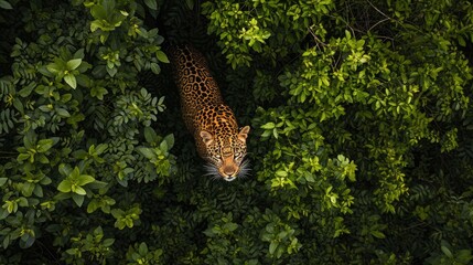 A majestic leopard blends into the lush forest, its powerful presence contrasting with the graceful giraffe and the towering trees