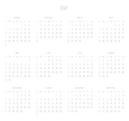Monthly calendar of year 2021. Week starts on Sunday. Block of months in two rows and six columns horizontal arrangement. Simple thin minimalist design. Vector illustration.