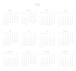 Monthly calendar of year 2023. Week starts on Sunday. Block of months in two rows and six columns horizontal arrangement. Simple thin minimalist design. Vector illustration.