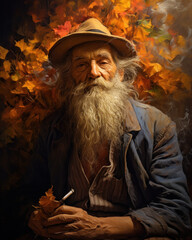Portrait of handsome senior man in the autumn outdoors. Vintage style