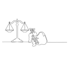Obraz premium Continuous one line drawing of scales of justice and money. Money bag ang scales of justice line art vector illustration.