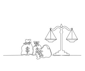 Continuous one line drawing of scales of justice and money. Money bag ang scales of justice line art vector illustration.
