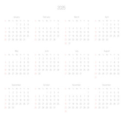 Monthly calendar of year 2025. Week starts on Sunday. Block of months in two rows and six columns horizontal arrangement. Simple thin minimalist design. Vector illustration.