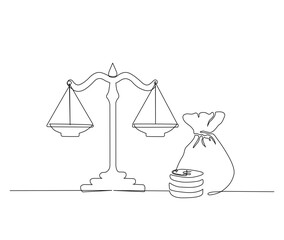 Continuous one line drawing of scales of justice and money. Money bag ang scales of justice line art vector illustration. - obrazy, fototapety, plakaty
