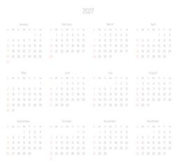 Monthly calendar of year 2027. Week starts on Sunday. Block of months in two rows and six columns horizontal arrangement. Simple thin minimalist design. Vector illustration.