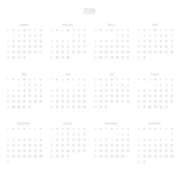 Monthly calendar of year 2029. Week starts on Sunday. Block of months in two rows and six columns horizontal arrangement. Simple thin minimalist design. Vector illustration.