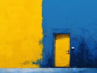 3D rendering of an empty room with yellow walls and blue door