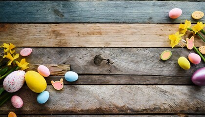 easter eggs and flowers, spirit of Easter to empty colorful rustic wooden table background, rustic...