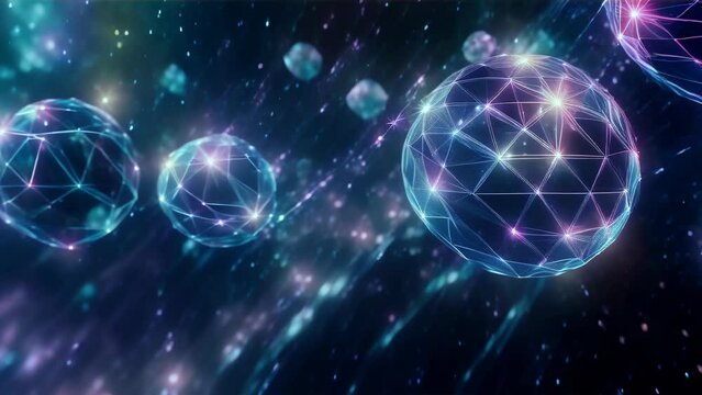 the cosmos featuring multidimensional particles and an interlacing web of light.
