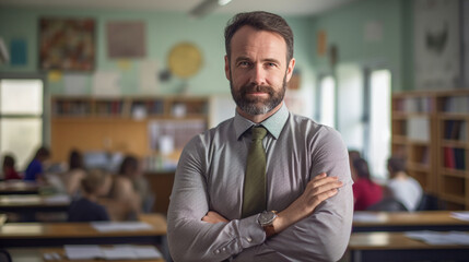 Fototapeta premium The European male teacher stands in the classroom. Ai generate.