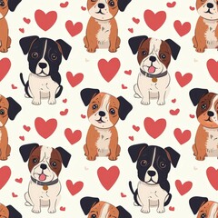 Vector seamless pattern with cute dogs, bones and paws on light blue. Cute dog breeds in different poses isolated on light blue background. 