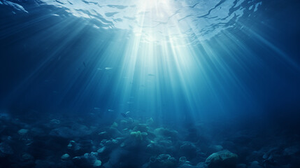 Obraz premium underwater scene with rays of light, Abstract image of Tropical underwater dark blue deep ocean wide nature background with rays of sunlight, Ai generated image