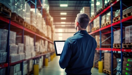 Man in a warehouse with a tablet in hands, checking inventory. The concept of logistics and inventory management.