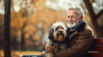 Happy senior man sitting on bench and resting during dog walk outdoors in city. - obrazy, fototapety, plakaty