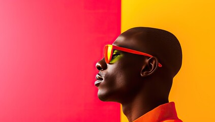 Man in sunglasses against a background of colored blocks. The concept of style and modern fashion.