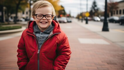 Fototapeta premium Boy in a red jacket happily smiling on the street. The concept of childhood and happiness.