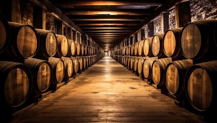 A long row of oak barrels in a wine cellar. The concept of winemaking and tradition.