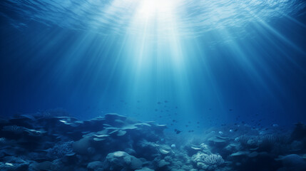 Underwater shot with sunrays in deep blue tropical sea, Abstract image of Tropical underwater dark...