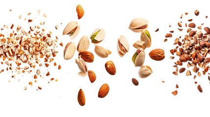 set with Flying in air fresh raw whole and cracked pistachios, almonds and hazelnut isolated on white background. - obrazy, fototapety, plakaty