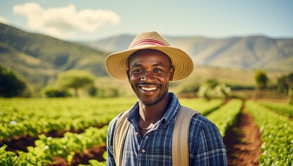 A man in a hat smiles against a backdrop of green fields. The concept of agriculture and sustainable development. - obrazy, fototapety, plakaty