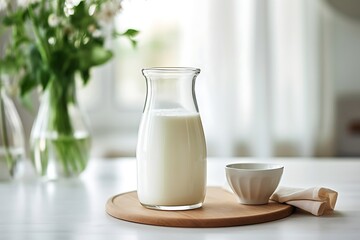Obraz na płótnie Canvas Glass jug of milk on the table in the kitchen, stock photo
