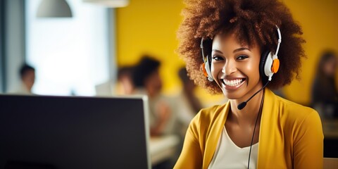 A young black woman in a yellow blouse with a headset smiles while working on the computer.