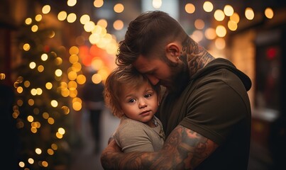 A father hugs a small child against a background of festive lights. The concept of family values and celebration. - obrazy, fototapety, plakaty