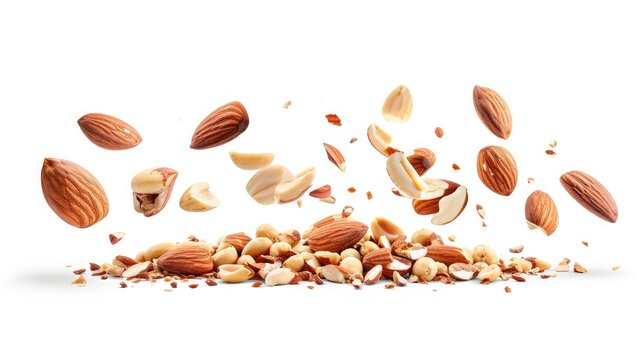 set with Flying in air fresh raw whole and cracked pistachios, almonds and hazelnut isolated on white background.