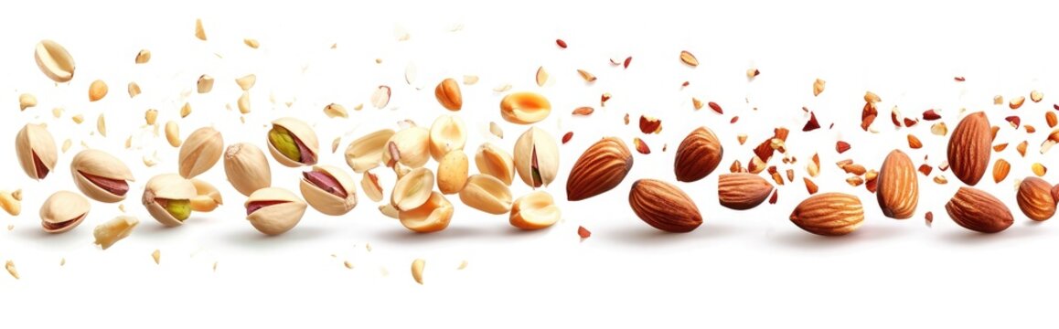 set with Flying in air fresh raw whole and cracked pistachios, almonds and hazelnut isolated on white background.