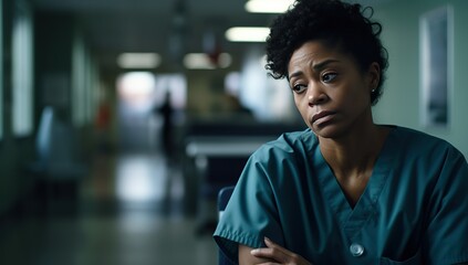 Fototapeta premium A young Black woman in a medical green uniform with a concerned expression on her face in a hospital. The concept of patient care and emotional strain in medicine.