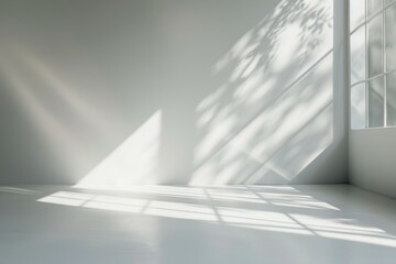 Abstract white studio background for product presentation. Empty room with shadows of window. Display product with blurred backdrop.