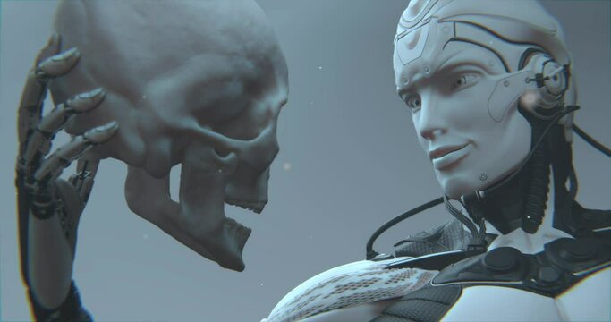 Closeup shot of Robot holding human skull, AI dominance, digital life vs humankind, 3d render