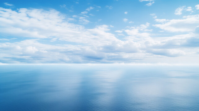 Blue sea and cloudy blue sky, blue sky with clouds, Blue sea water with sunny and cloudy sky, An aerial view of eternal blue sea or ocean with sunny and cloudy sky, Ai generated image