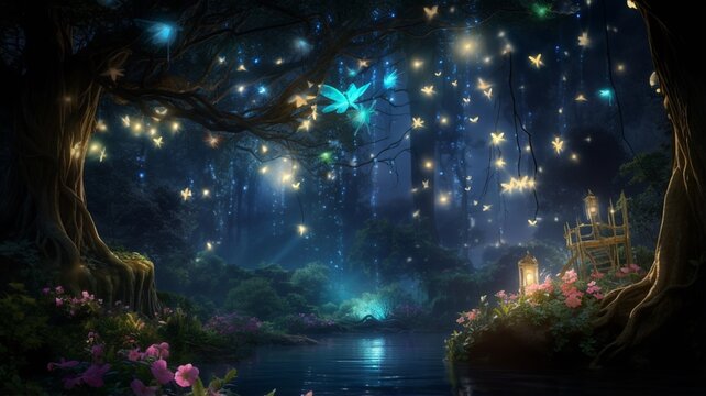 Mysterious mystical forest illuminated fireflies photography image Ai generated art