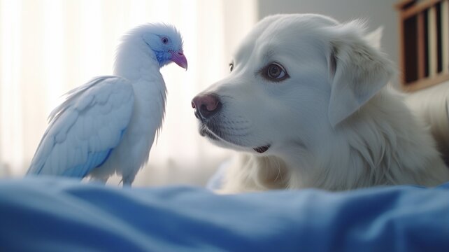 Mythological stunning white dog bird with blue eyes picture Ai generated art