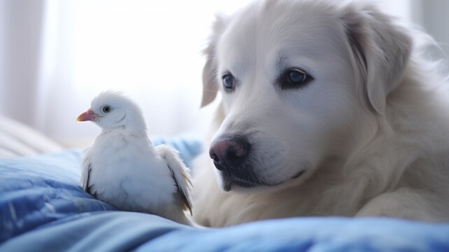 Mythological stunning white dog bird with blue eyes picture Ai generated art