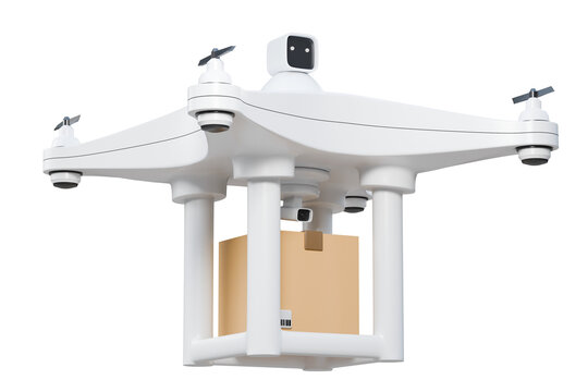 3D Blank white drone or quadrocopter on sky background with parcel box, side view. Empty wireless helicopter flying with parcel . Clear technology outdoor toy for delivery. 3d rendering illustration.